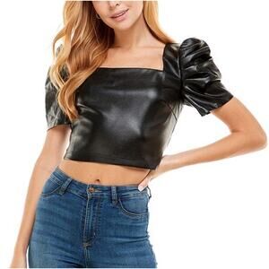 Pants Store Faux Leather Puff Sleeve Crop Top Square Neck Fitted Black Womens M